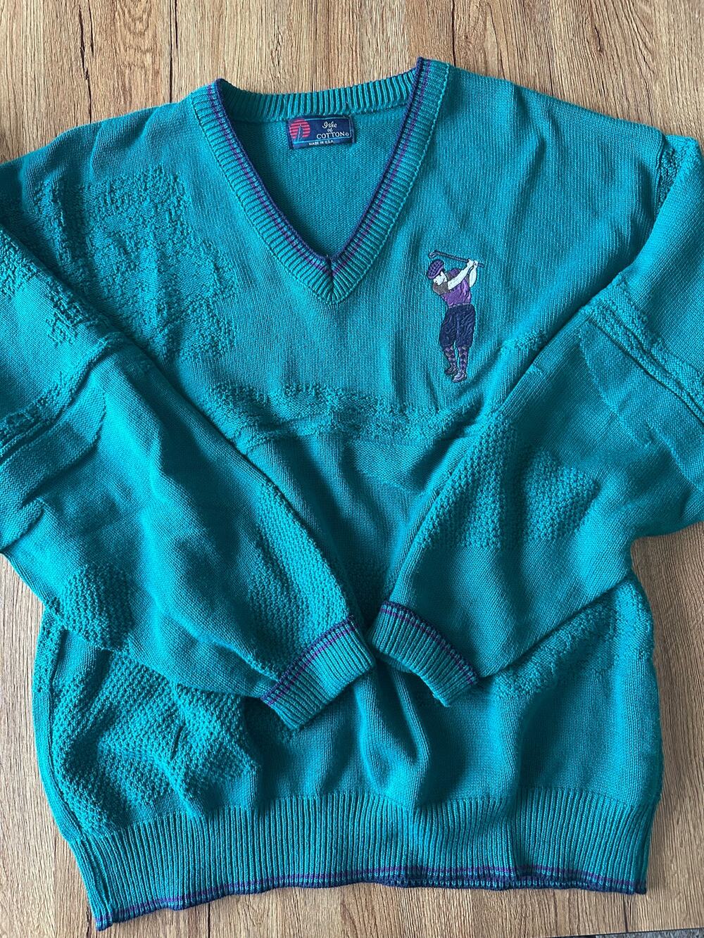 Isle Of Cotton Vintage Green Golfing V Neck Sweater Size Large